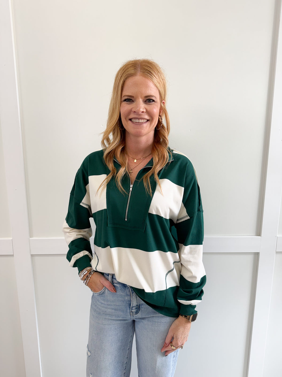 Lydia Wide Stripe Half Zip LS Knit Top