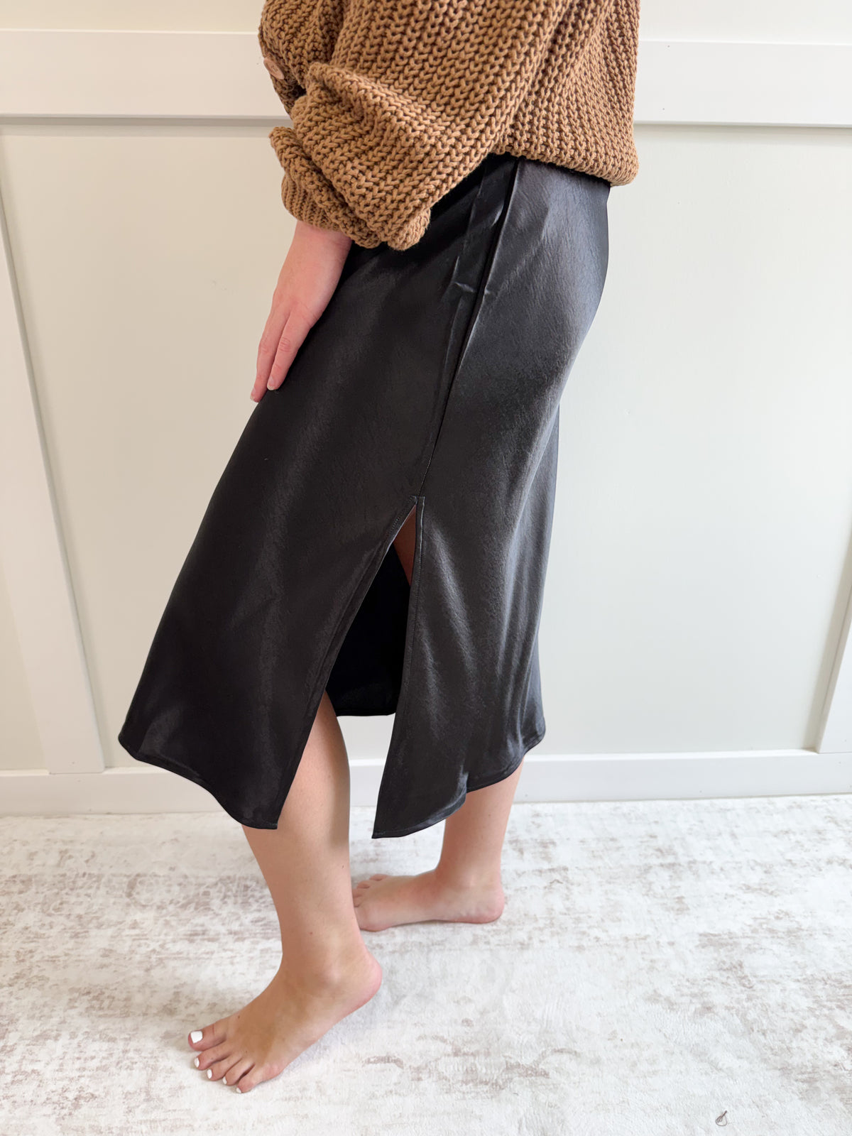 Violet Satin Midi Skirt with Elastic Waistline