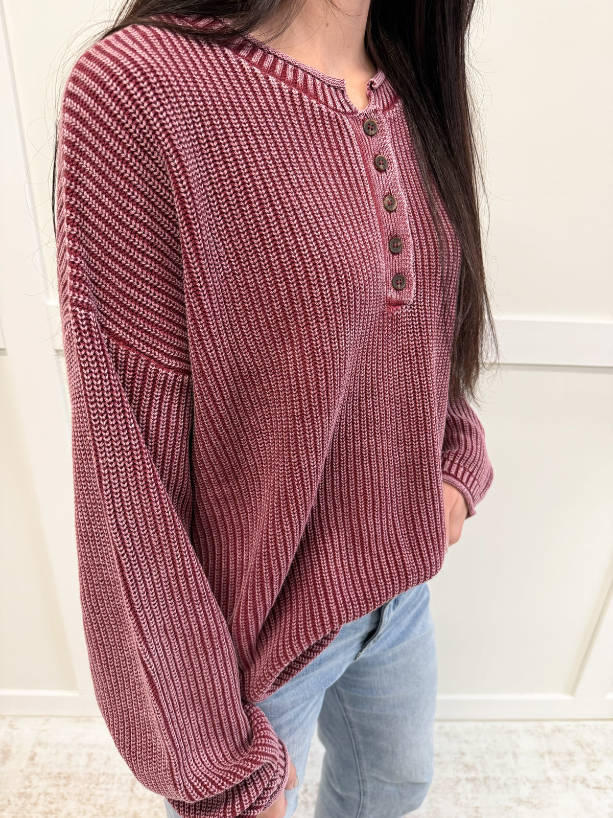 Chloe Washed Ribbed Henley Knit Sweater