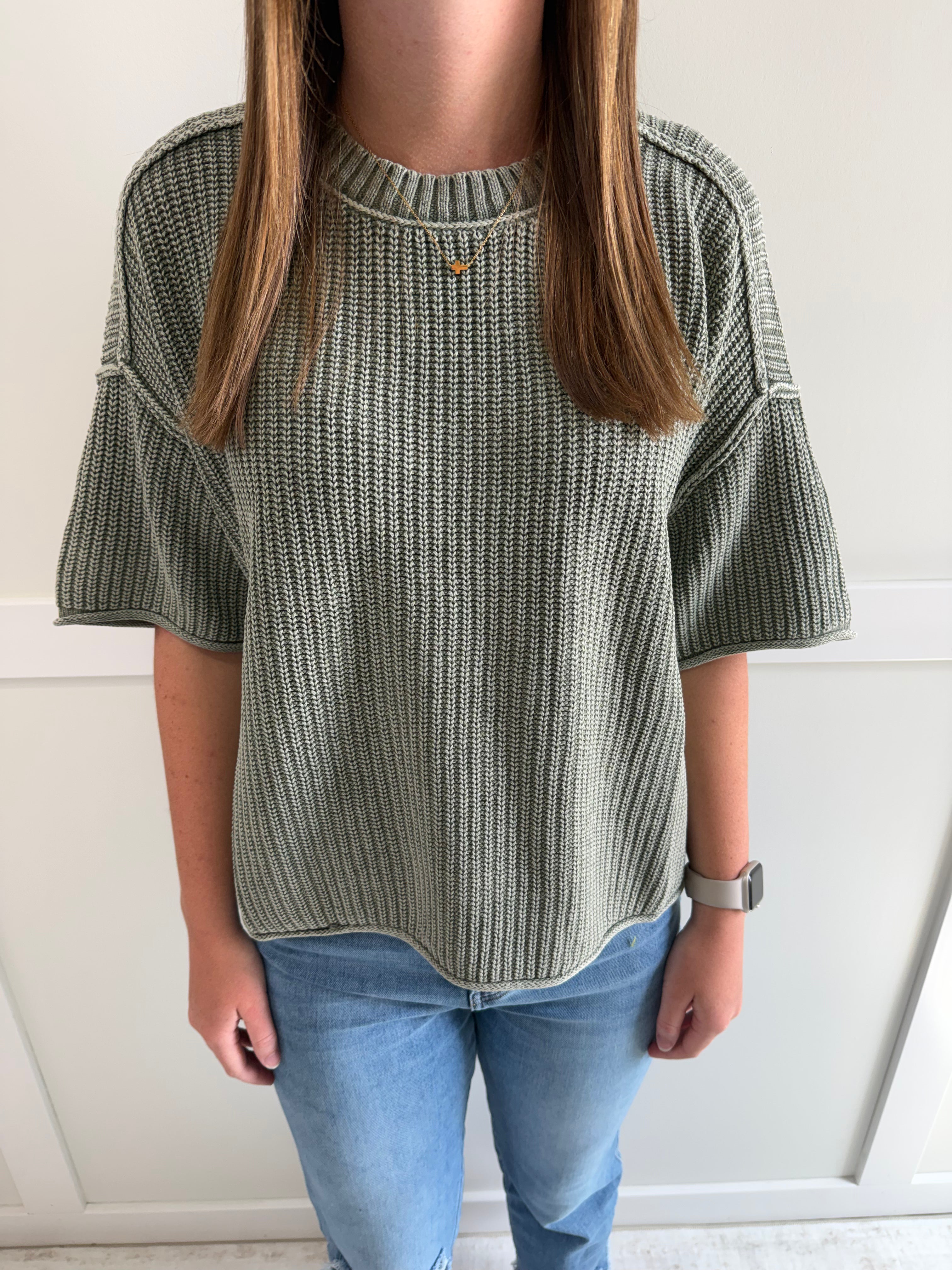 Rose Washed Raw Edge Short Sleeve Sweater