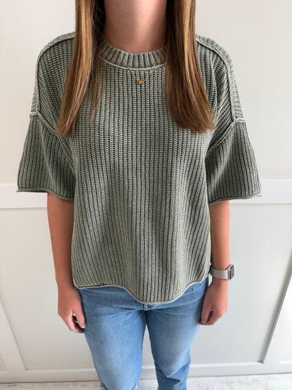 Rose Washed Raw Edge Short Sleeve Sweater