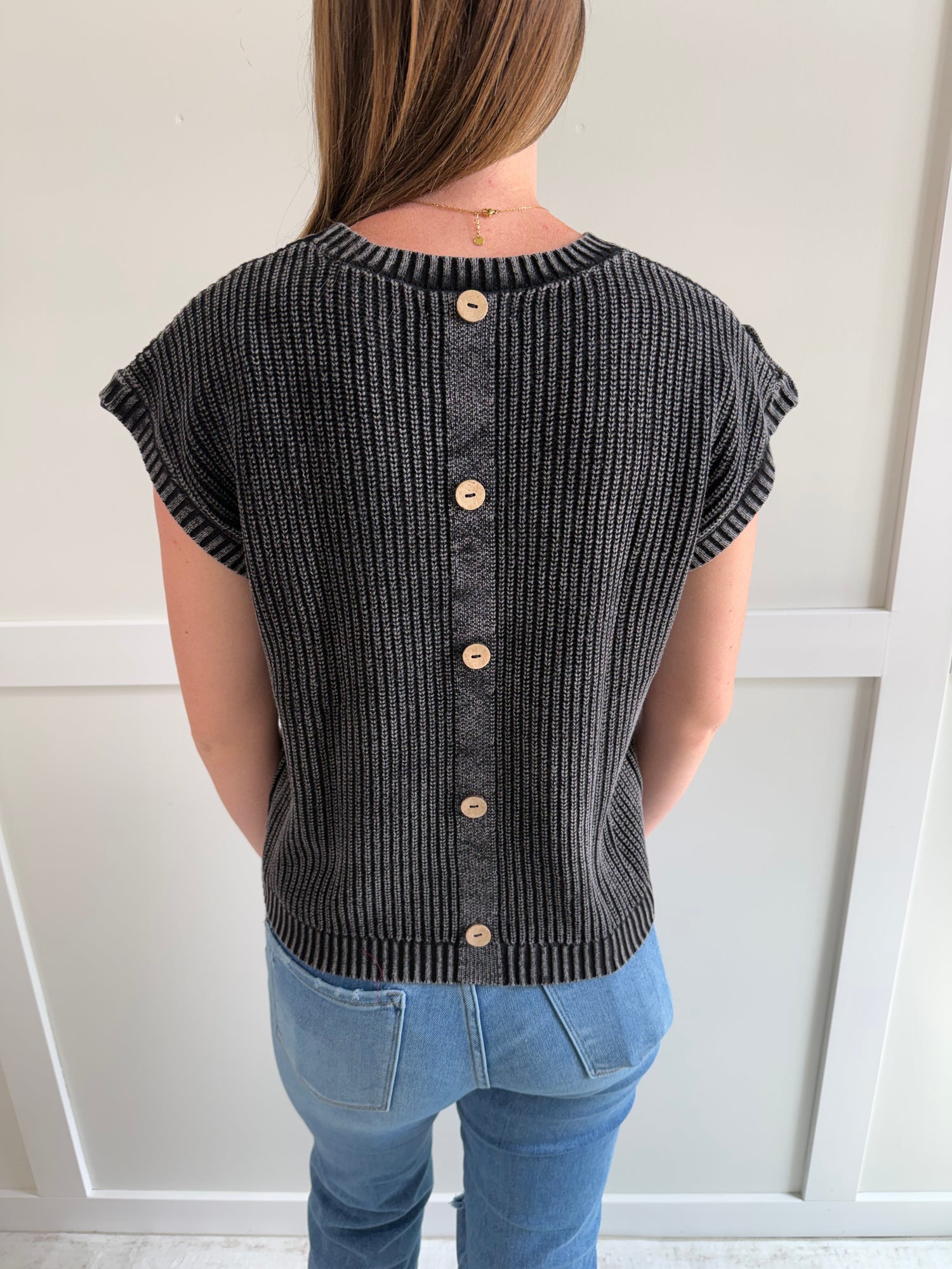 Rachel Acid Washed Back Button Knit Top