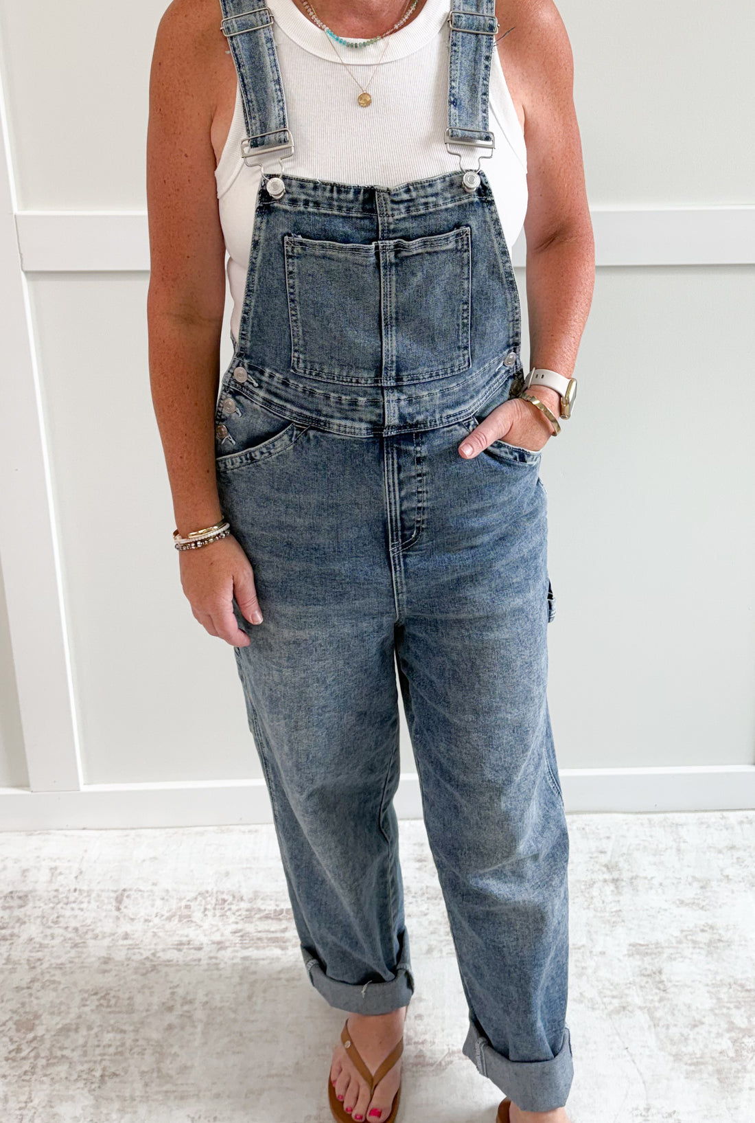 Caitlin Bib Overall Wide Leg Raw Hem-32" inseam
