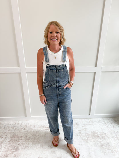 Caitlin Bib Overall Wide Leg Raw Hem-32" inseam