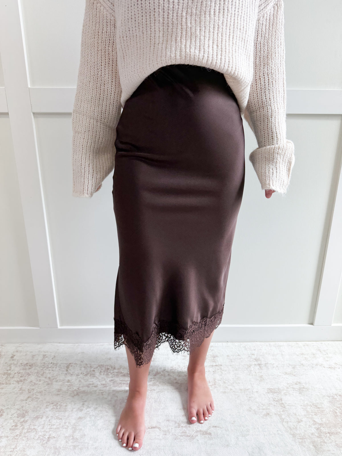 Hailey Satin Lace Hem Back Slit Pencil Midi Skirt