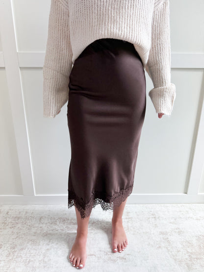 Hailey Satin Lace Hem Back Slit Pencil Midi Skirt