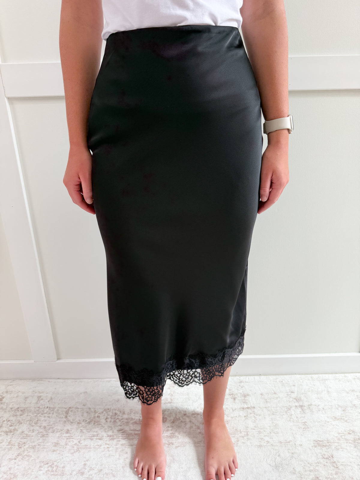 Hailey Satin Lace Hem Back Slit Pencil Midi Skirt