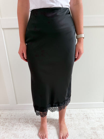 Hailey Satin Lace Hem Back Slit Pencil Midi Skirt