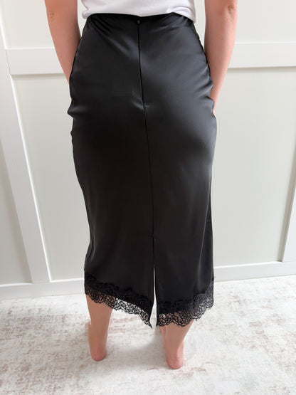 Hailey Satin Lace Hem Back Slit Pencil Midi Skirt