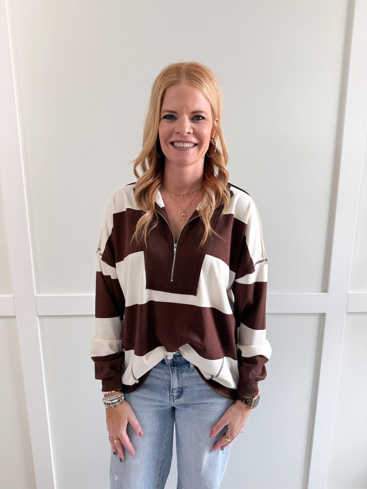 Lydia Wide Stripe Half Zip LS Knit Top