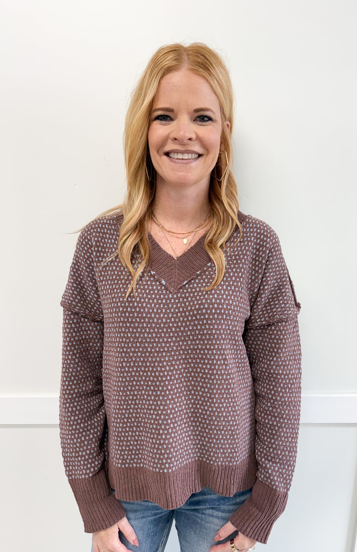 Ginny Contrast Stitch V-Neck Sweater