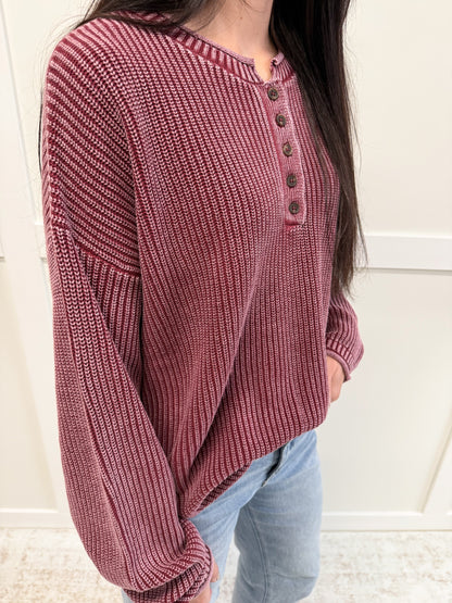 Chloe Washed Ribbed Henley Knit Sweater